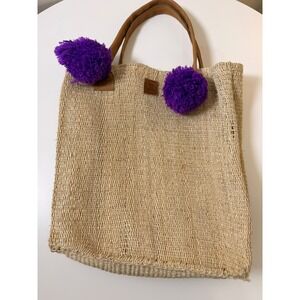 Vesta‎ Woven Straw Tote Bag Womens Large Beige Purple Excellent Pom Pom Accents